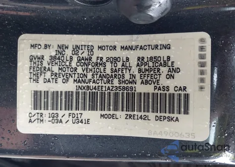 2010 Toyota Corolla S z USA, uszkodzony, nr VIN 1NXBU4EE1AZ358691